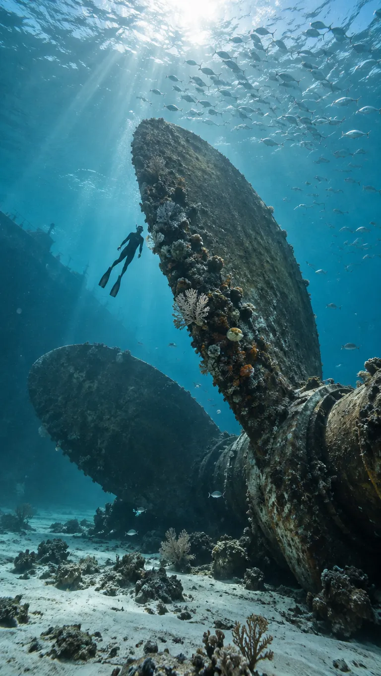 A diver beside a sunken liner propeller, made with a prompt from this pack