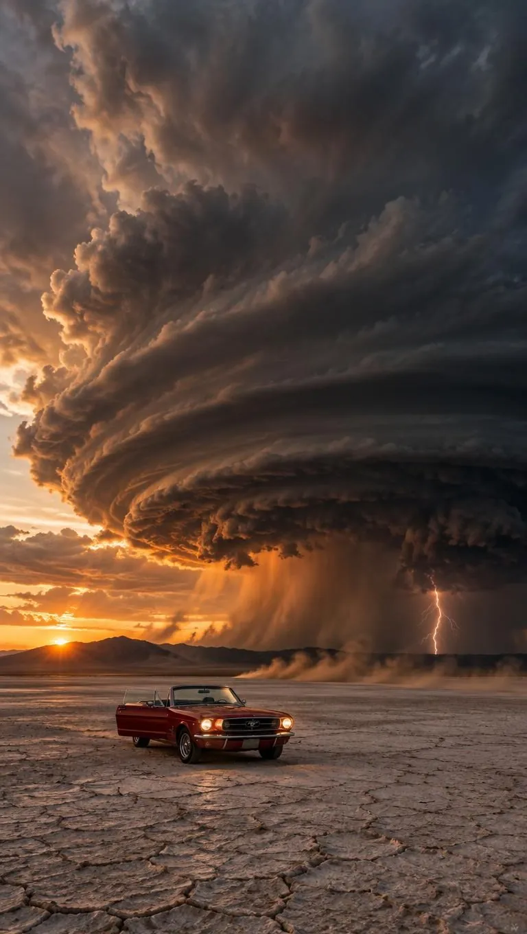 A red convertible under a supercell storm, made with a prompt from this pack