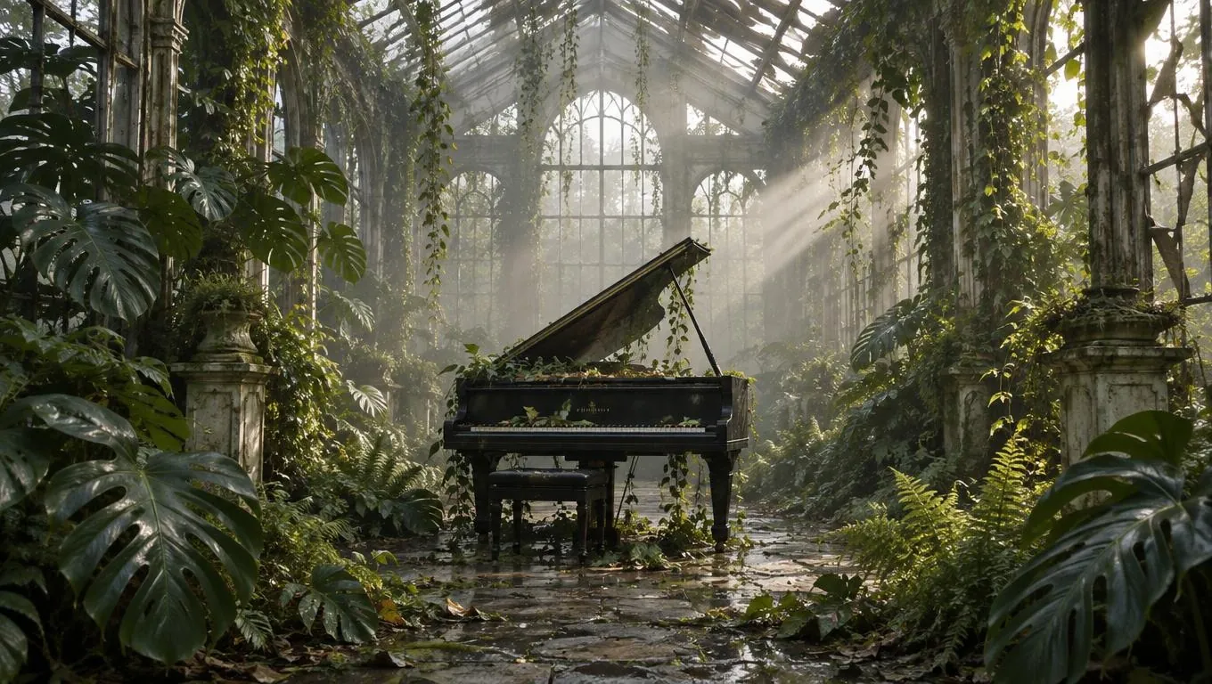 A print of an overgrown greenhouse with a grand piano