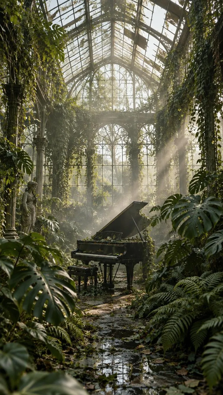 A grand piano in an overgrown greenhouse, made with a prompt from this pack
