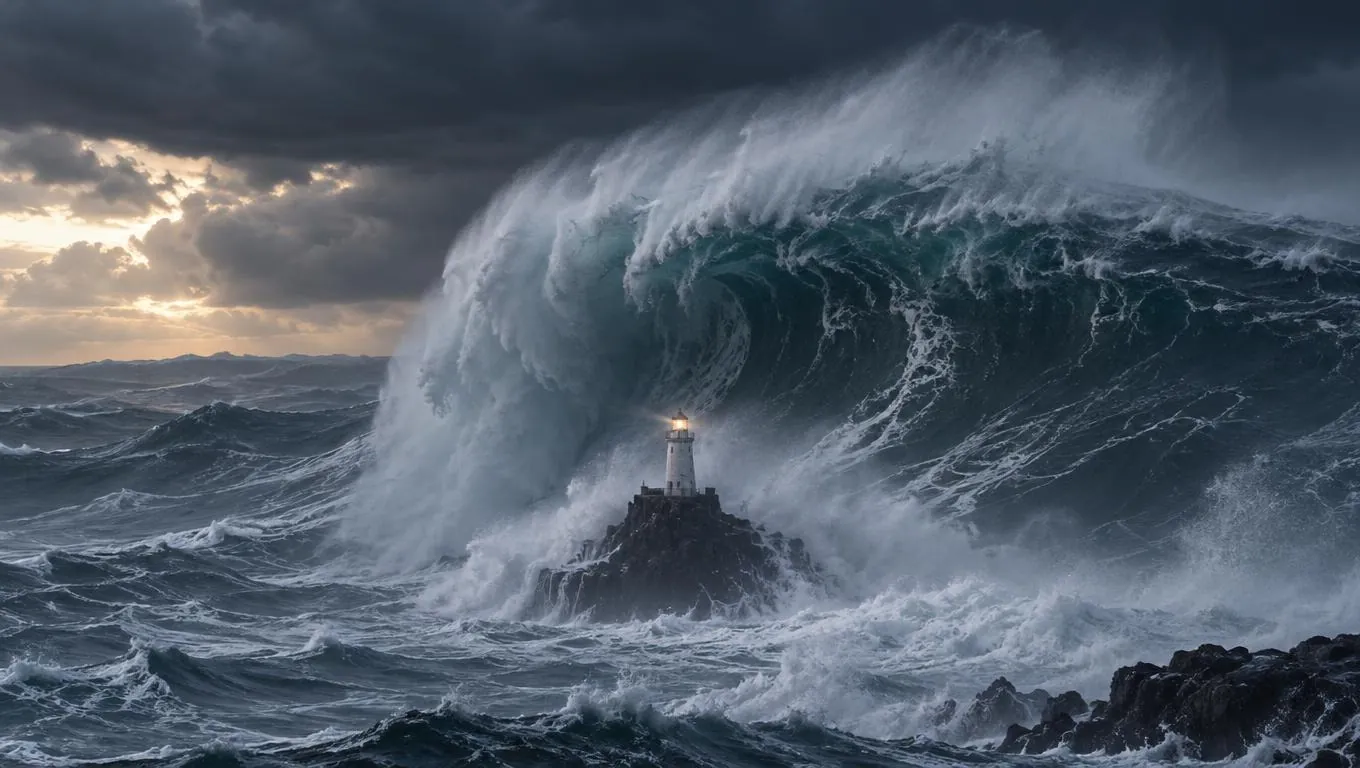 A lighthouse under a giant storm wave, its lamp still burning